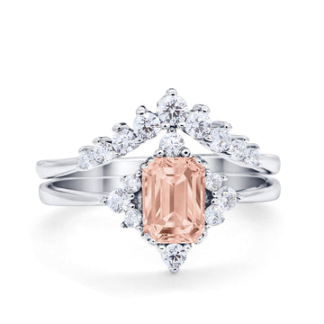 Art Deco Two Piece Wedding Ring Emerald Cut Simulated Morganite CZ 925 Sterling Silver